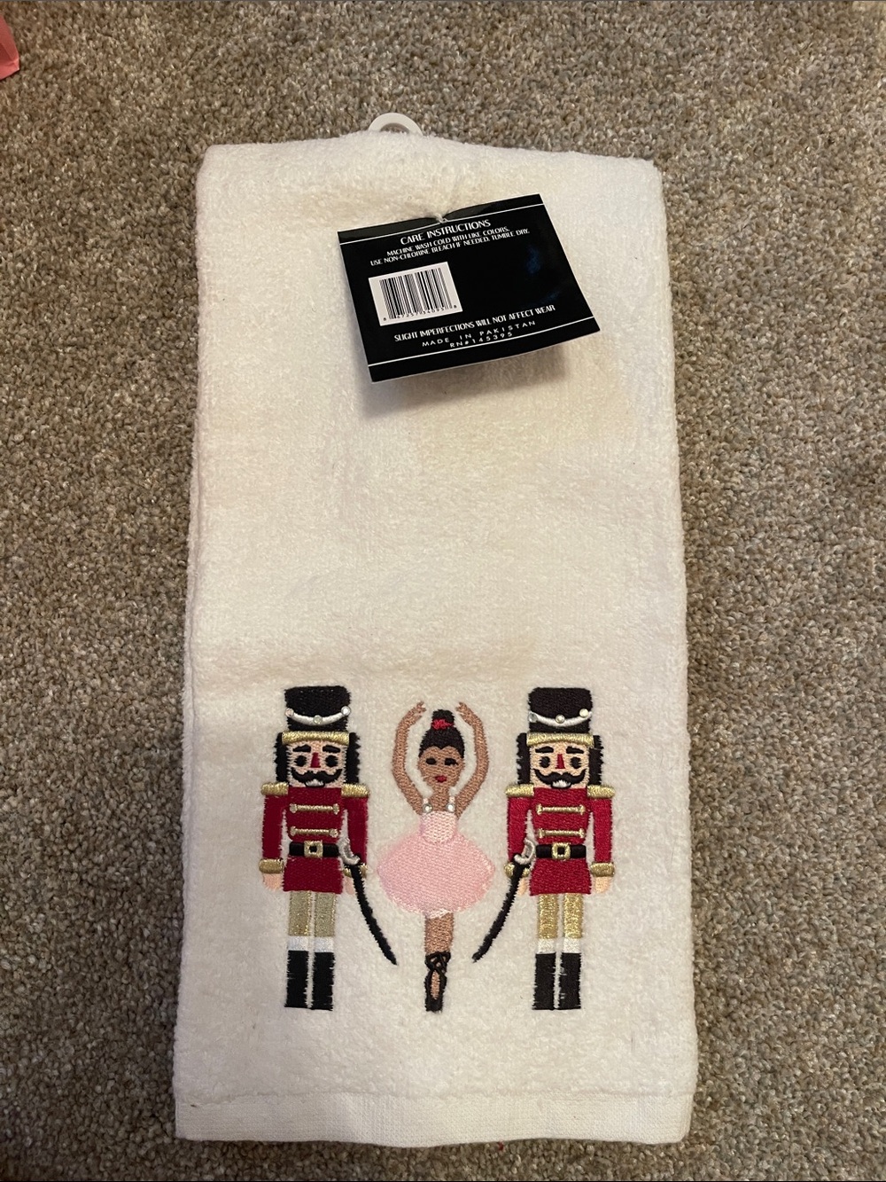 Holiday Ballerina Hand Towel with Nutcracker Embroidery - White
